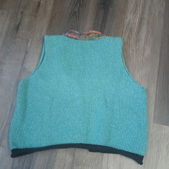 Vinatge Knit Art To Weatbutton Vest Teal Multicolor Trim Granny Size Medium - Picture 6 of 8